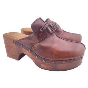 Vtg Y2K HOKUS POKUS Leather Clogs Women's 10M Wood Chunky Platform Mules Sandals