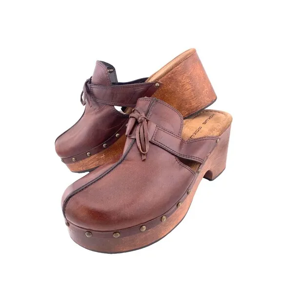 Vtg Y2K HOKUS POKUS Leather Clogs Women's 10M Wood Chunky Platform Mules Sandals