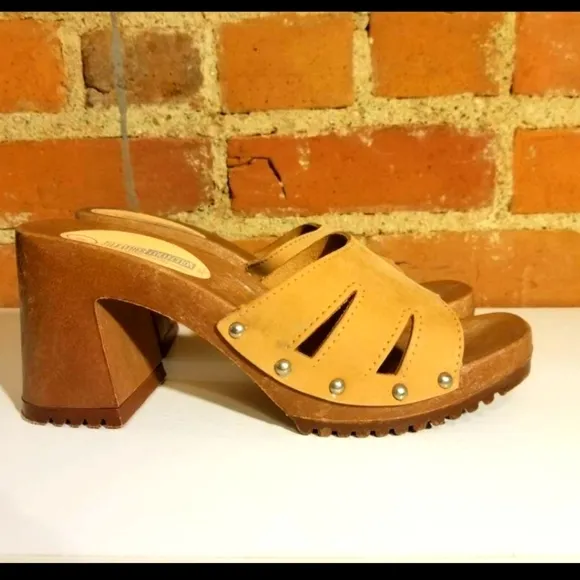 VTG Y2K LEATHER SANDALS BROWN CHUNKY HEELS RETRO SUMMER 90S CLUELESS FESTIVAL