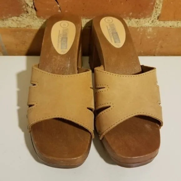 VTG Y2K LEATHER SANDALS BROWN CHUNKY HEELS RETRO SUMMER 90S CLUELESS FESTIVAL