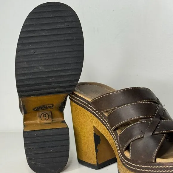 VTG Y2K Lower East Side Clogs Women Size 9 Brown Leather Chunky Heel Strappy