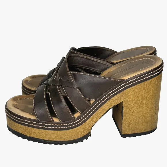 VTG Y2K Lower East Side Clogs Women Size 9 Brown Leather Chunky Heel Strappy