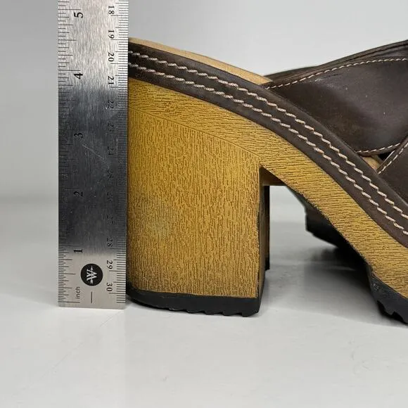 VTG Y2K Lower East Side Clogs Women Size 9 Brown Leather Chunky Heel Strappy