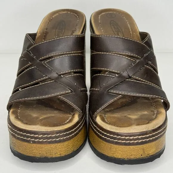 VTG Y2K Lower East Side Clogs Women Size 9 Brown Leather Chunky Heel Strappy