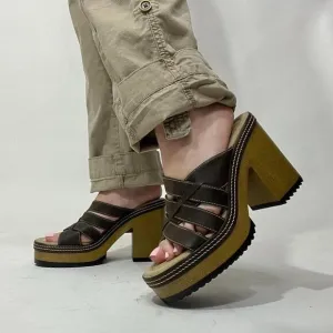VTG Y2K Lower East Side Clogs Women Size 9 Brown Leather Chunky Heel Strappy