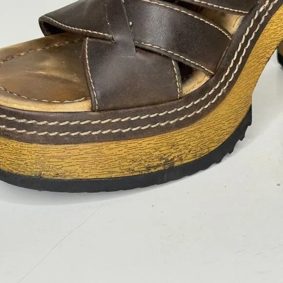 VTG Y2K Lower East Side Clogs Women Size 9 Brown Leather Chunky Heel Strappy