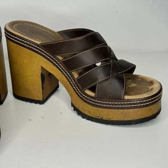 VTG Y2K Lower East Side Clogs Women Size 9 Brown Leather Chunky Heel Strappy