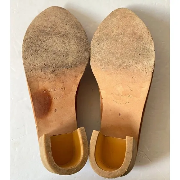 Wal &amp; Pai Leather Mules Womens Size 9 Caramel Tan Block Heel Slides Shoes