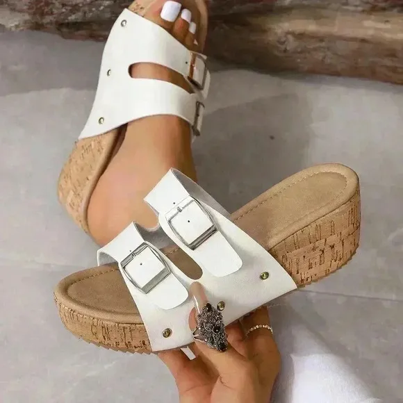White Women's Casual Double Buckle Platform Wedge Sandals
