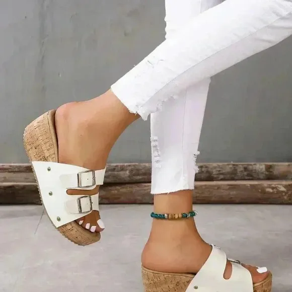 White Women's Casual Double Buckle Platform Wedge Sandals