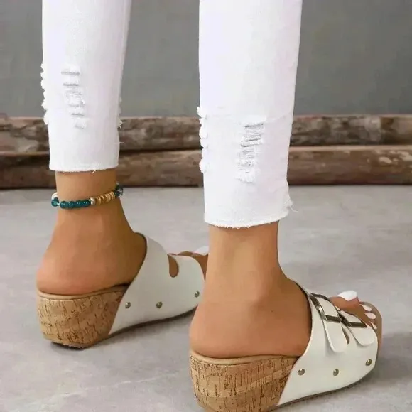 White Women's Casual Double Buckle Platform Wedge Sandals