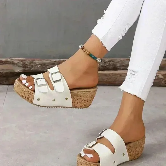 White Women's Casual Double Buckle Platform Wedge Sandals