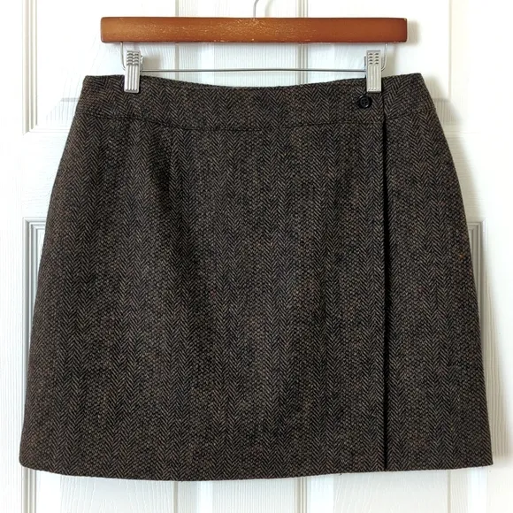 Willi Smith 90's Vintage Flecked Herringbone Wool Mini Wrap Skirt Brown Black 14