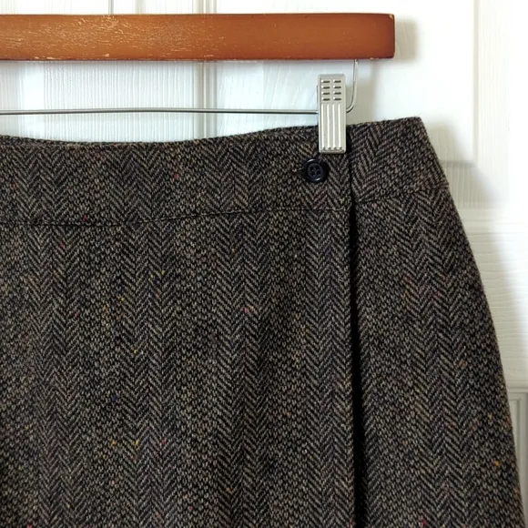 Willi Smith 90's Vintage Flecked Herringbone Wool Mini Wrap Skirt Brown Black 14