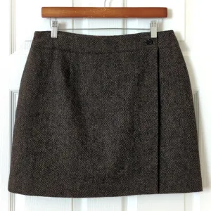 Willi Smith 90's Vintage Flecked Herringbone Wool Mini Wrap Skirt Brown Black 14