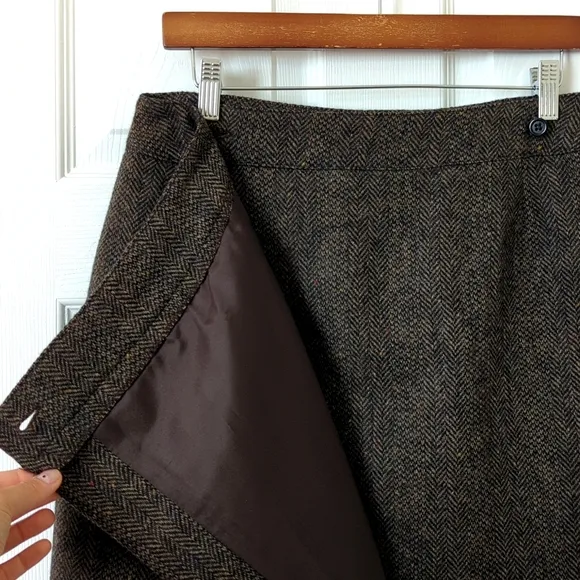 Willi Smith 90's Vintage Flecked Herringbone Wool Mini Wrap Skirt Brown Black 14