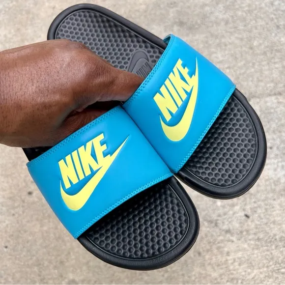 WMNS NIKE BENASSI SLIDES JUSTDO IT TURQUOISE TEAL KEY LIMES BLACKS NON WHITES