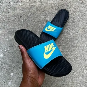 WMNS NIKE BENASSI SLIDES JUSTDO IT TURQUOISE TEAL KEY LIMES BLACKS NON WHITES