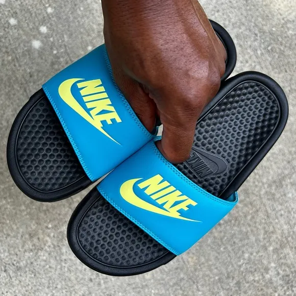 WMNS NIKE BENASSI SLIDES JUSTDO IT TURQUOISE TEAL KEY LIMES BLACKS WHITES