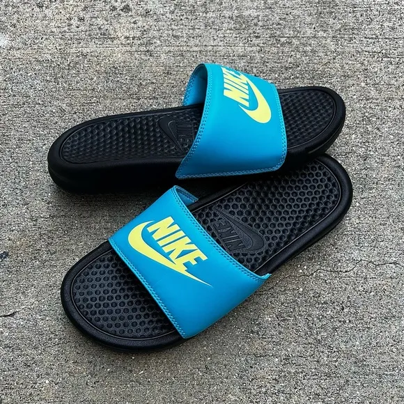 WMNS NIKE BENASSI SLIDES JUSTDO IT TURQUOISE TEAL KEY LIMES BLACKS WHITES