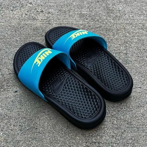 WMNS NIKE BENASSI SLIDES JUSTDO IT TURQUOISE TEAL KEY LIMES BLACKS WHITES