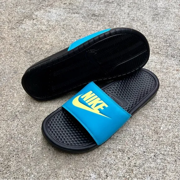 WMNS NIKE BENASSI SLIDES JUSTDO IT TURQUOISE TEAL KEY LIMES BLACKS WHITES