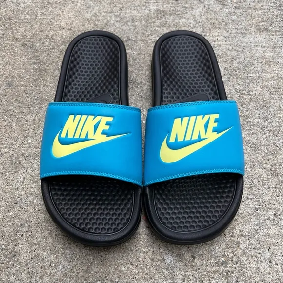 WMNS NIKE BENASSI SLIDES JUSTDO IT TURQUOISE TEAL KEY LIMES BLACKS WHITES