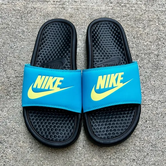 WMNS NIKE BENASSI SLIDES JUSTDO IT TURQUOISE TEAL KEY LIMES BLACKS WHITES