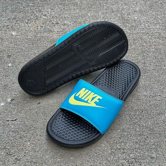 WMNS NIKE BENASSI SLIDES JUSTDO IT TURQUOISE TEAL KEY LIMES BLACKS WHITES
