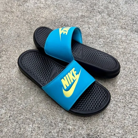 WMNS NIKE BENASSI SLIDES JUSTDO IT TURQUOISE TEAL KEY LIMES BLACKS WHITES
