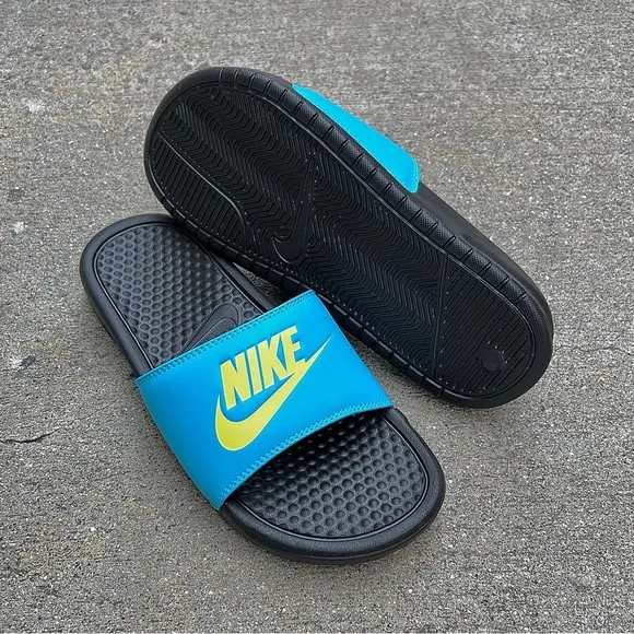 WMNS NIKE BENASSI SLIDES JUSTDO IT TURQUOISE TEAL KEY LIMES BLACKS WHITES