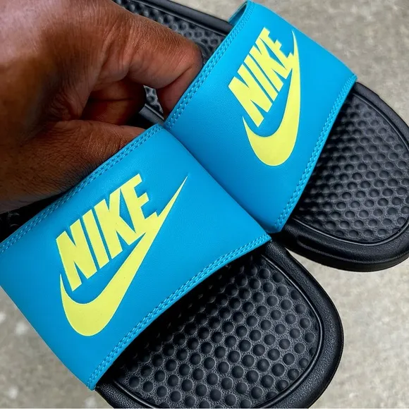 WMNS NIKE BENASSI SLIDES JUSTDO IT TURQUOISE TEAL KEY LIMES BLACKS WHITES