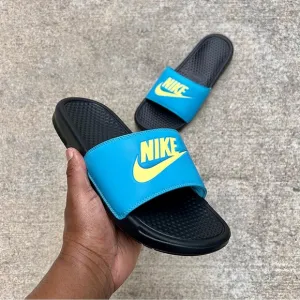 WMNS NIKE BENASSI SLIDES JUSTDO IT TURQUOISE TEAL KEY LIMES BLACKS WHITES