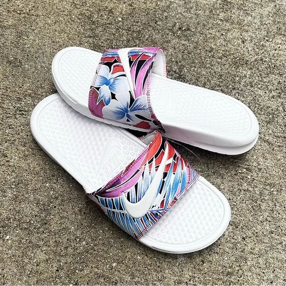 WMNS NIKE BENASSI SWOOSH JDI PRINT SLIDE PINK WHITE BLUE FLOWER FEATHER HABANERO