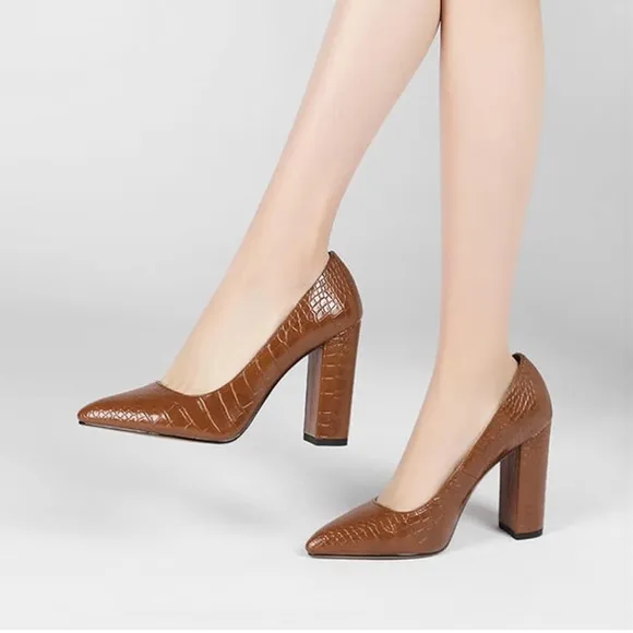 Women Chunky High Heel Pumps Pointed Toe Closed Sandals 4 Inch Block Heel Slip