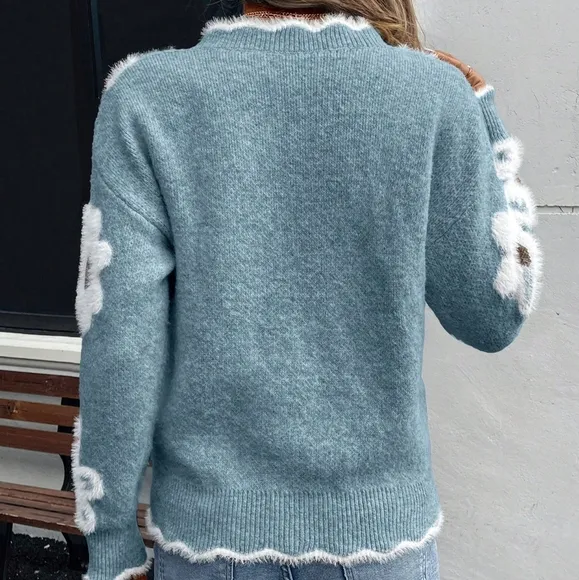 Women Elegant Mink Fur Flower Pattern Lace Knitted Sweater