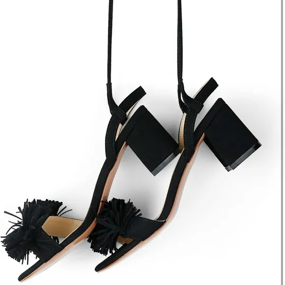 Women High Heels Lace Up Shoes Open Round Toe Tassel Chunky Ankle Straps Sandals