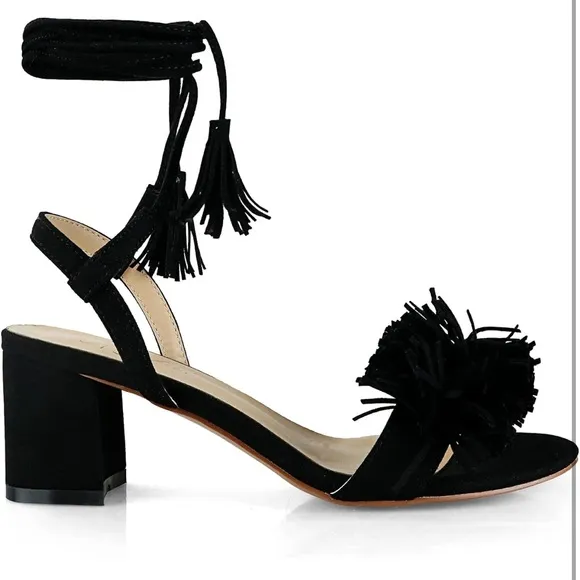 Women High Heels Lace Up Shoes Open Round Toe Tassel Chunky Ankle Straps Sandals