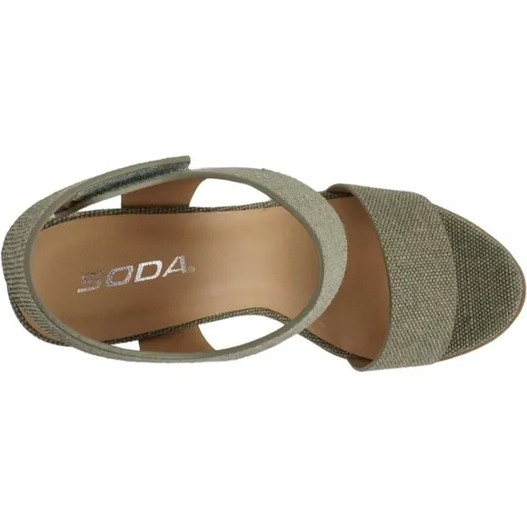Women Open Round Toe Chunky Ankle Strap High Heel Dress Canvas Khaki Sandals
