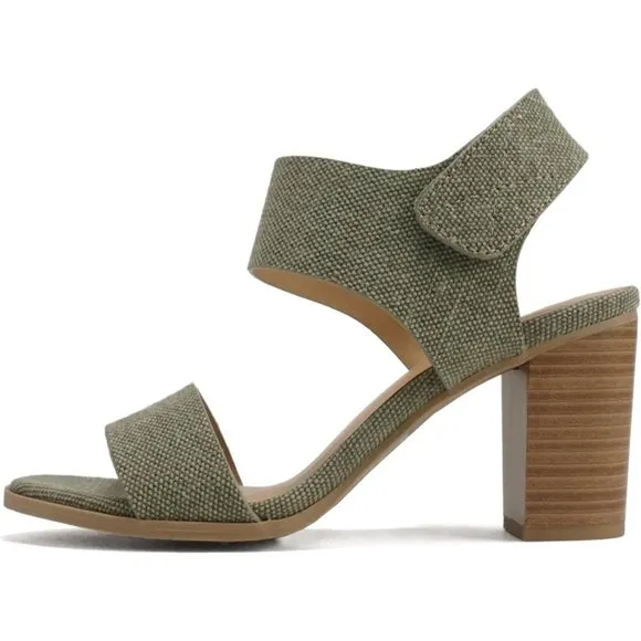 Women Open Round Toe Chunky Ankle Strap High Heel Dress Canvas Khaki Sandals