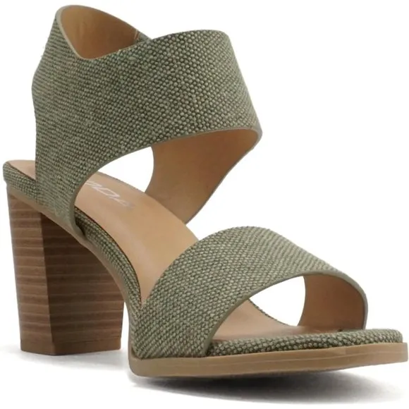 Women Open Round Toe Chunky Ankle Strap High Heel Dress Canvas Khaki Sandals