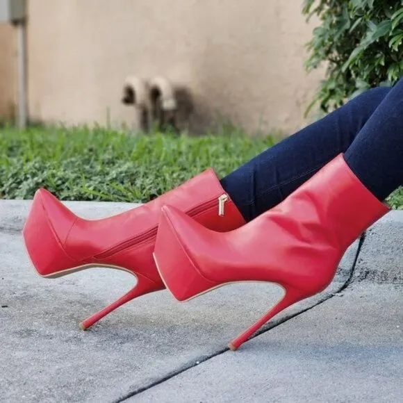 Women Pointy Toe Heel Boot Red Color