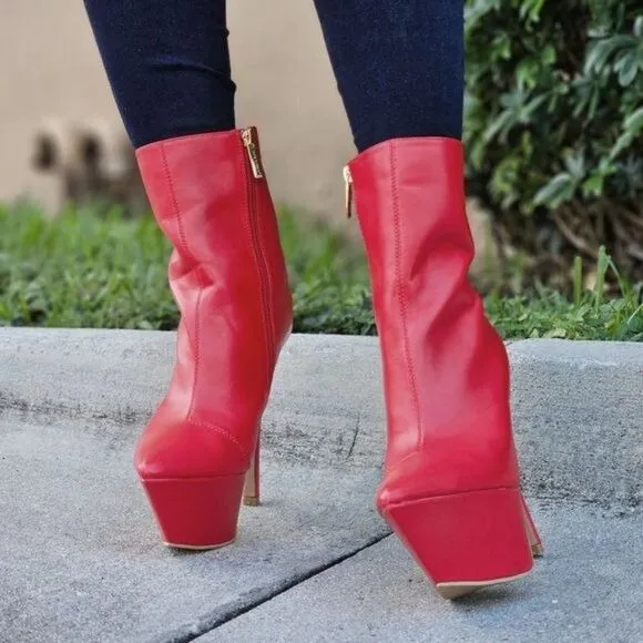 Women Pointy Toe Heel Boot Red Color