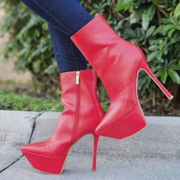 Women Pointy Toe Heel Boot Red Color