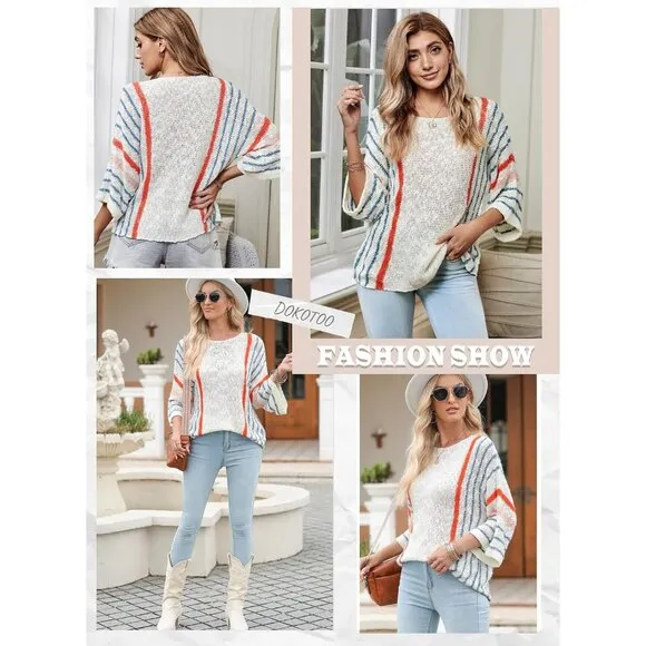 Women's 2024 Fall Casual Block Striped Comfy Cable Knit Trendy Pullover Sweaters