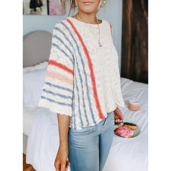 Women's 2024 Fall Casual Block Striped Comfy Cable Knit Trendy Pullover Sweaters