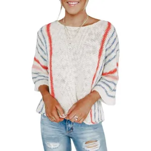 Women's 2024 Fall Casual Block Striped Comfy Cable Knit Trendy Pullover Sweaters
