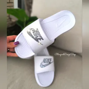 Women's Bling  Nike Victori One Sandal Slides Custom With Baby Blue Crystals