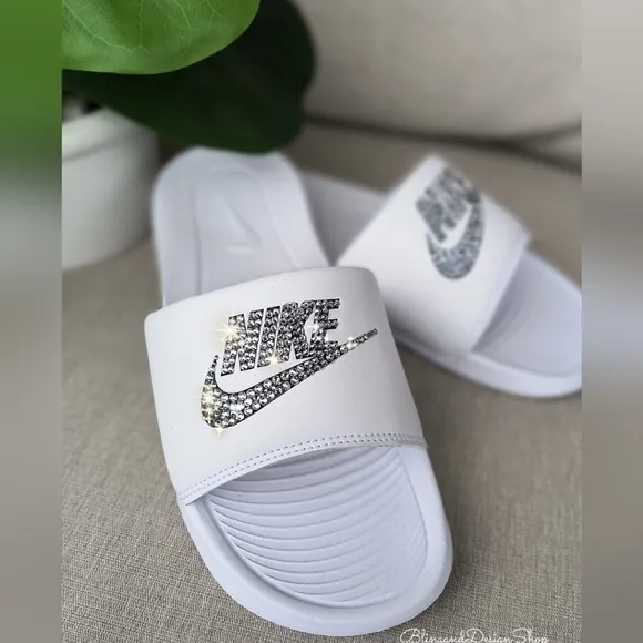 Women's Bling  Nike Victori One Sandal Slides Custom With Baby Blue Crystals