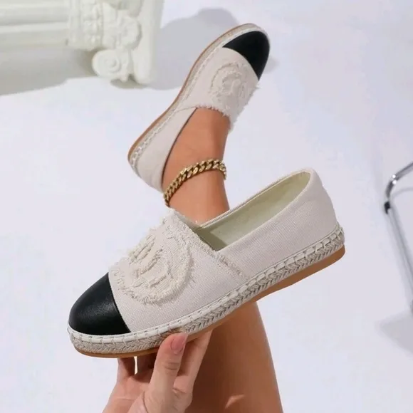 Women's Canvas Slip-On Loafers, Black And White Patchwork, Casual Fisherman Shoe